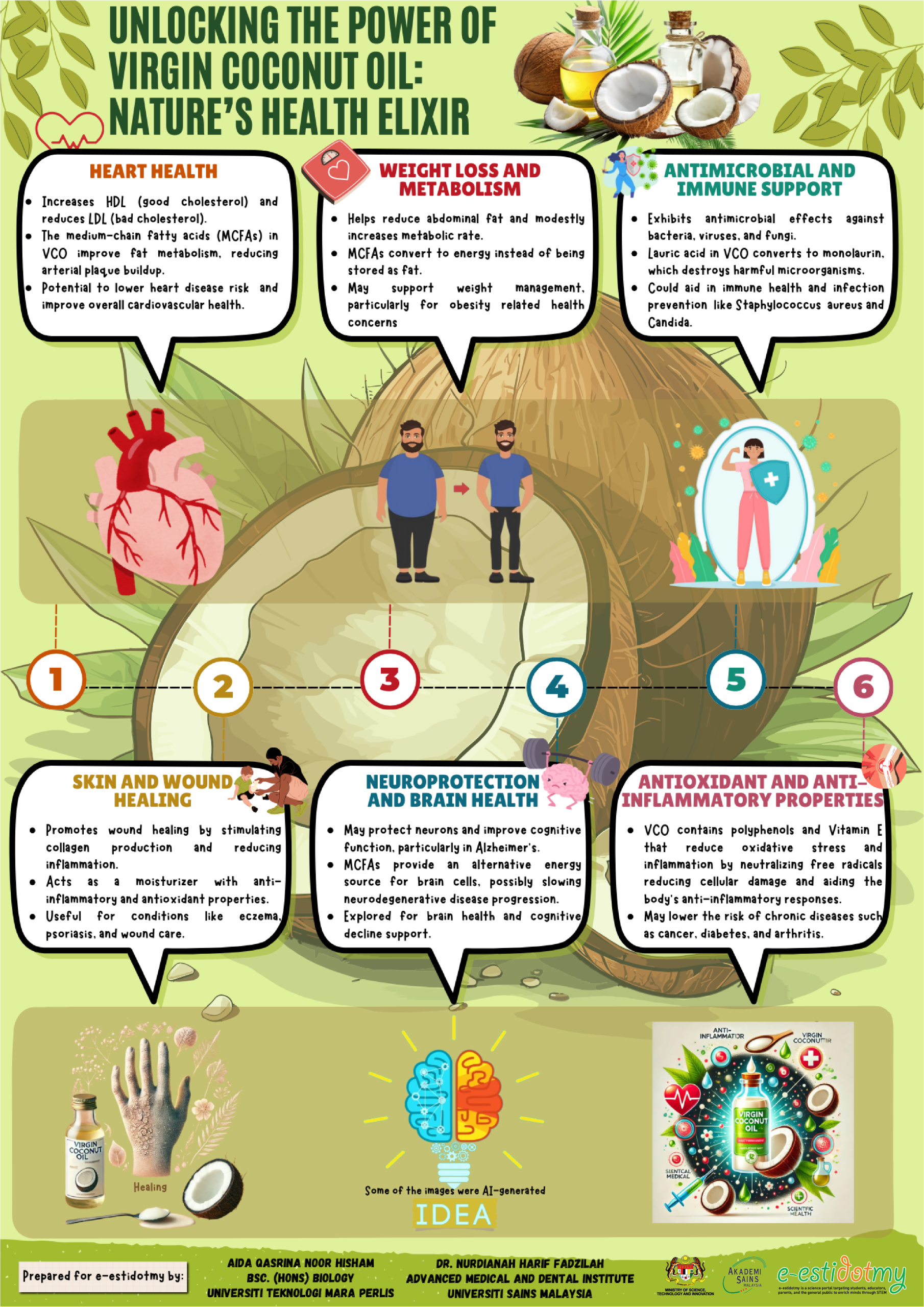virgin coconut oil, infographic, universiti sains malaysia, universiti teknologi MARA Perlis, aida qasrina noor hisham