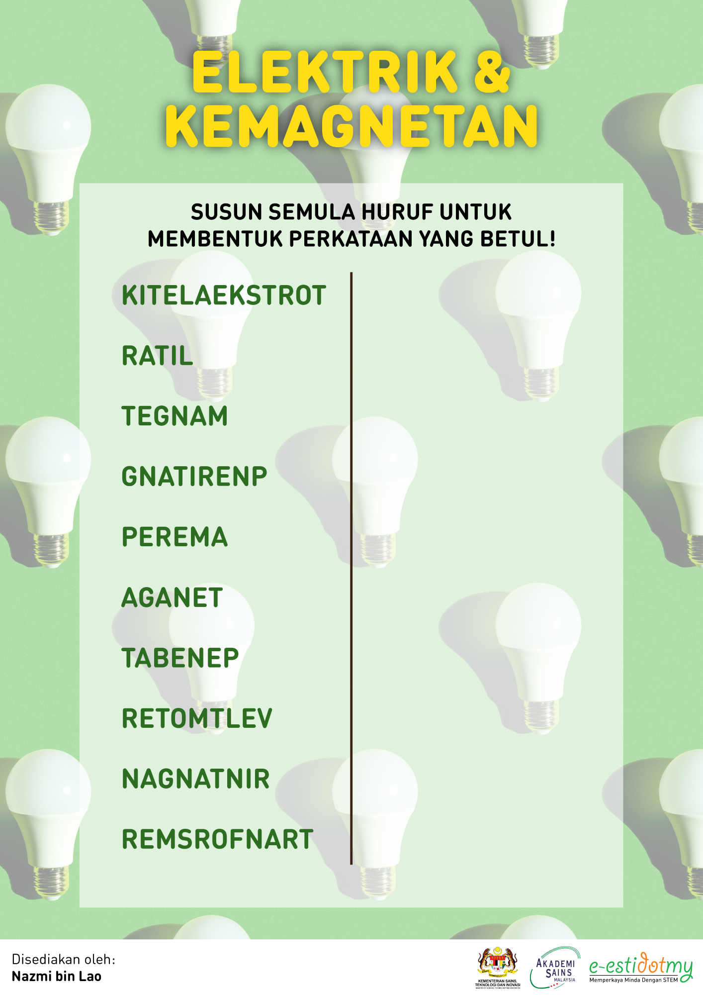 elektrik & kemagnetan, fizik, sains, STEM is fun, susun huruf