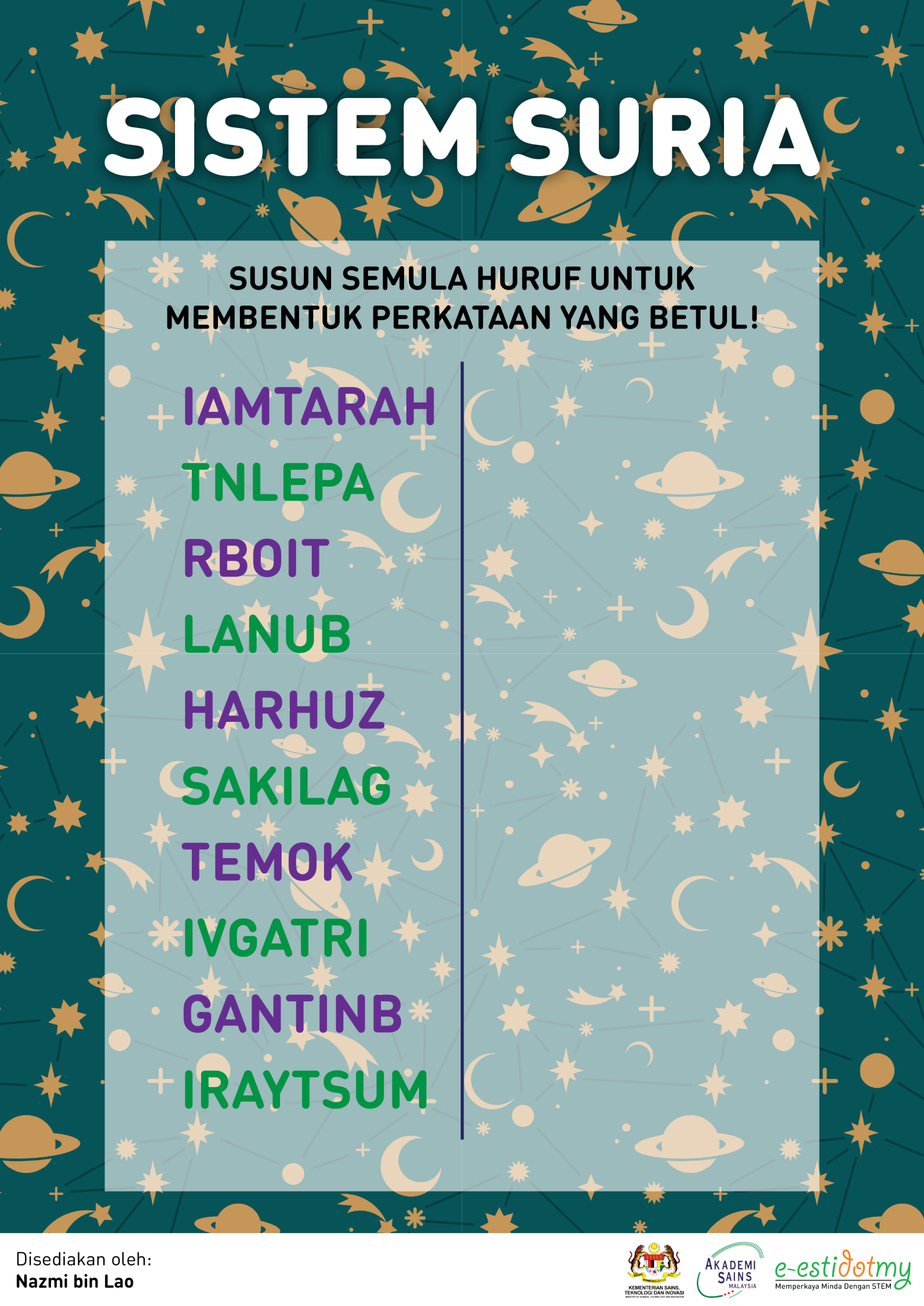 sistem suria, sains, susun huruf, aktiviti, fizik, sains, STEM is fun